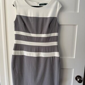 Ralph Lauren Gray and White Striped Midi Sheath Dress